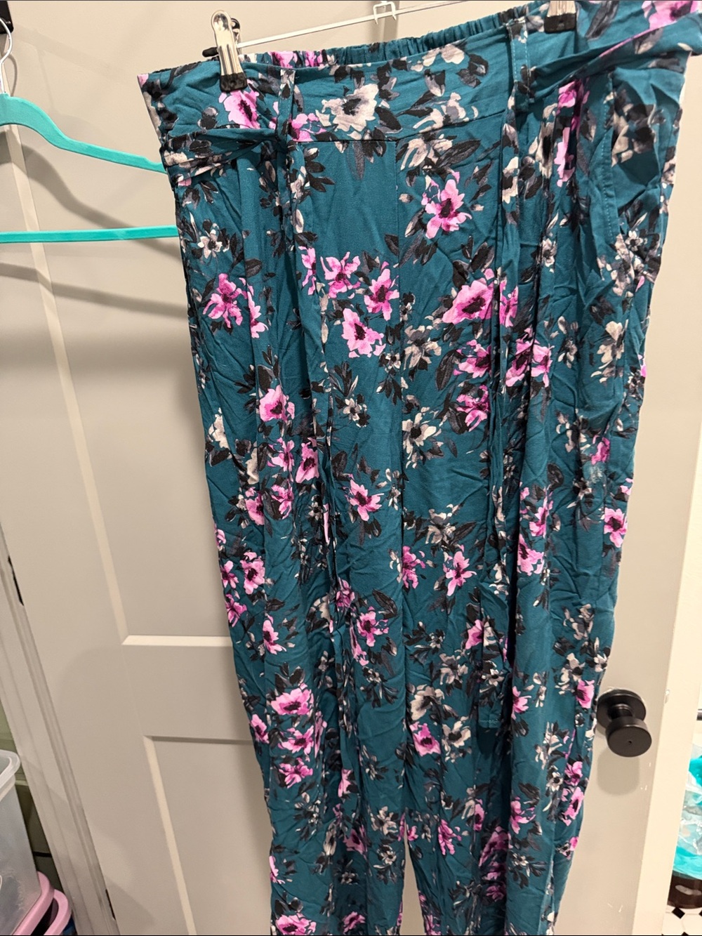 Teal Floral wide leg trousers with Pink Blooms